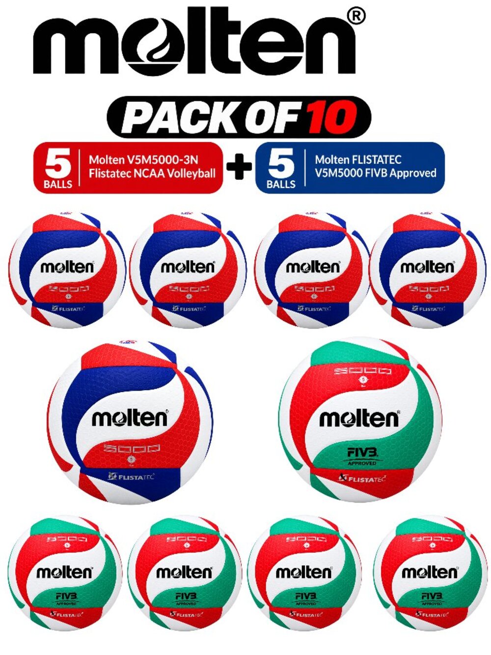 Molten Volleyball Pack of 10, 5 NCAA Flistatec + 5 FIVB Approved V5M5000 balls